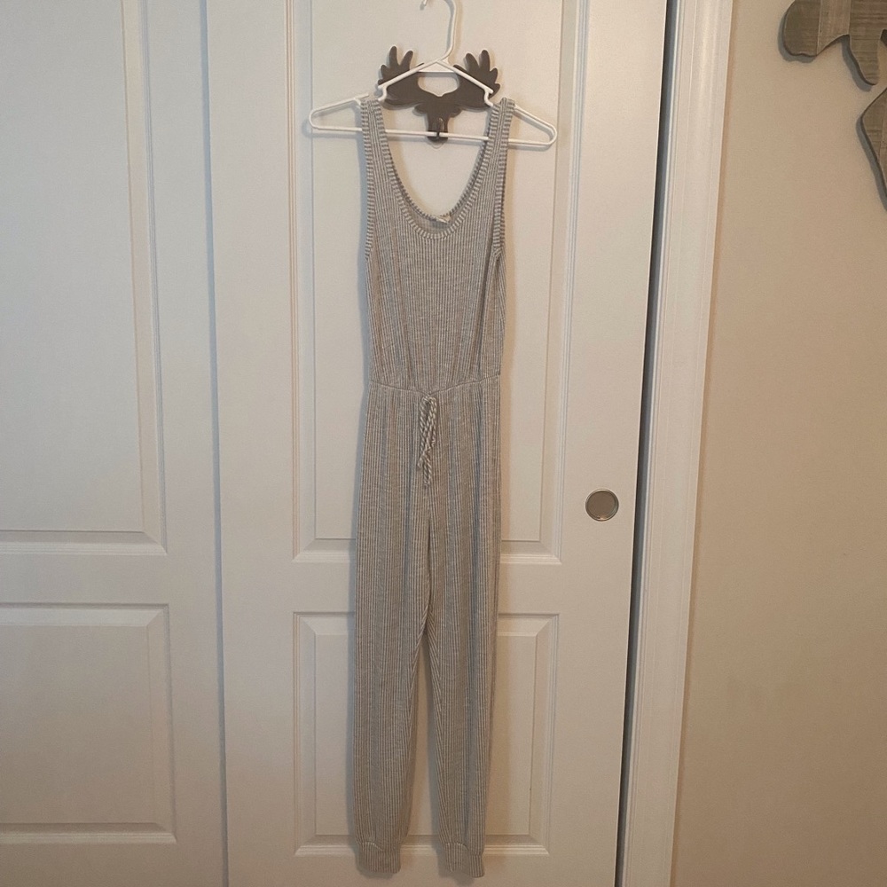 Caution to the wind romper grey and white stripe